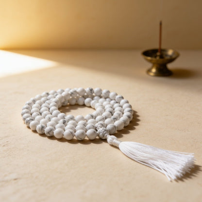 Natural White Howlite 10 mm japa mala necklace with 108 large beads and tassel