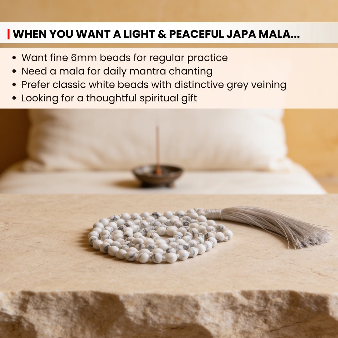 6 mm bead diameter scale measurement diagram for White Howlite japa mala