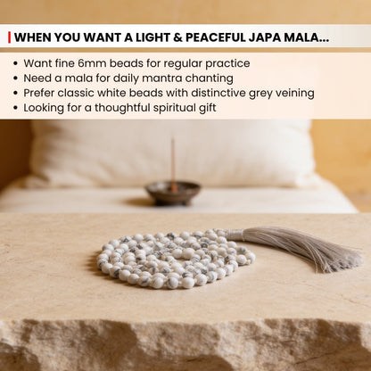 6 mm bead diameter scale measurement diagram for White Howlite japa mala