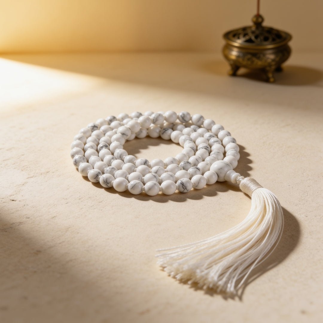 Natural White Howlite 6 mm japa mala necklace with 108 beads and tassel