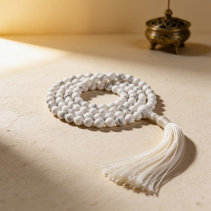 Natural White Howlite 6 mm japa mala necklace with 108 beads and tassel