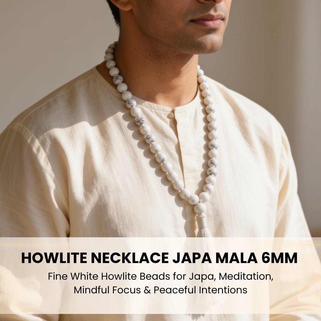Polished Howlite guru bead and matching silky tassel finish on meditation mala