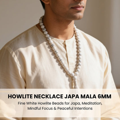 Polished Howlite guru bead and matching silky tassel finish on meditation mala