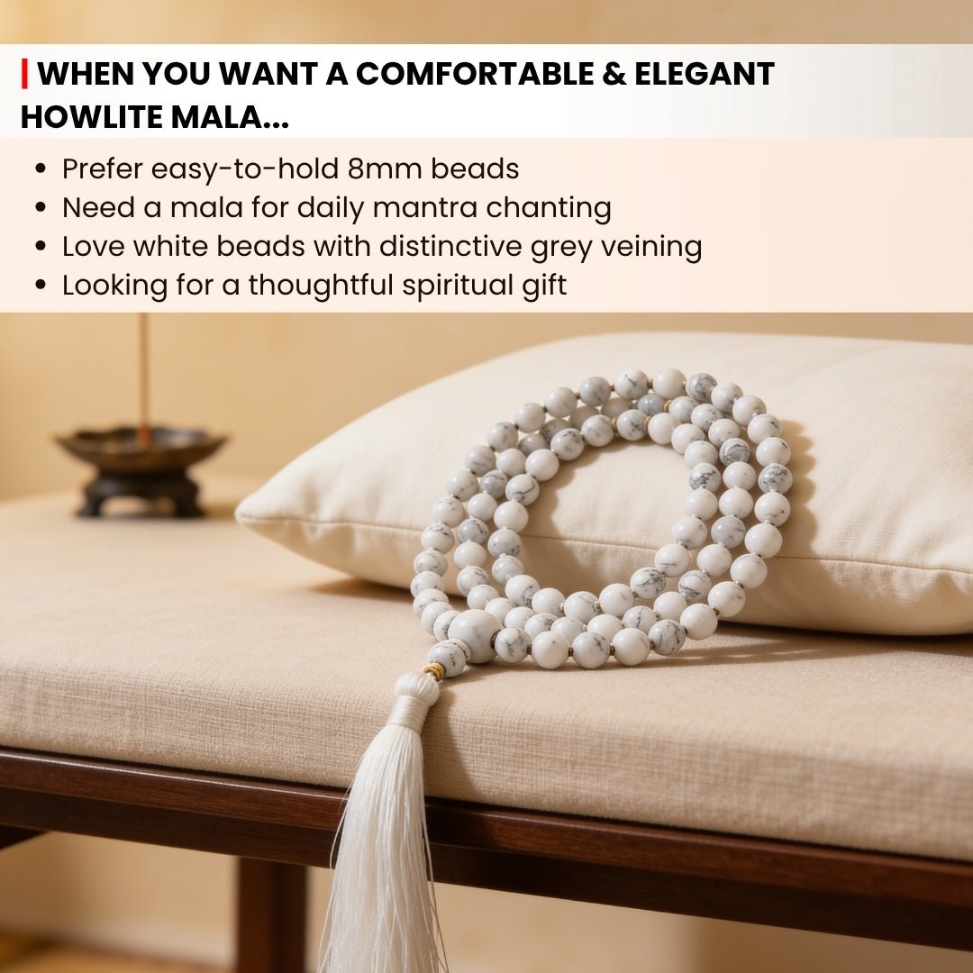 8 mm bead diameter scale measurement diagram for White Howlite japa mala