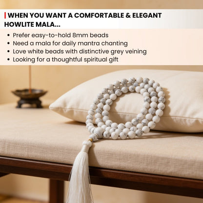 8 mm bead diameter scale measurement diagram for White Howlite japa mala