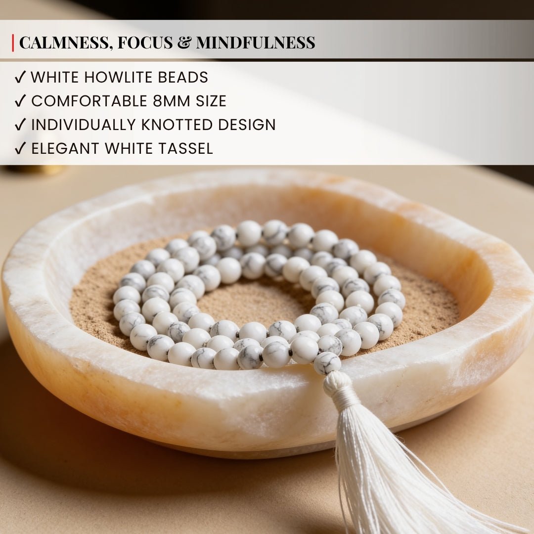 Traditional durable hand-knotted thread construction between 8 mm Howlite beads