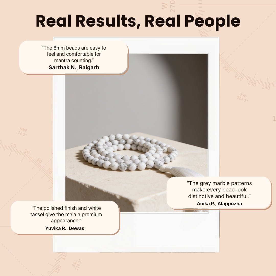 Overhead spiral arrangement of 108 White Howlite beads beside a protective drawstring storage pouch