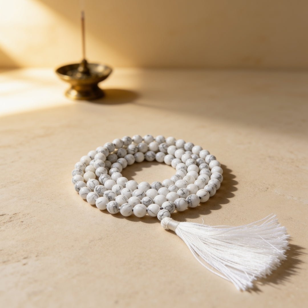 Natural White Howlite 8 mm japa mala necklace with 108 beads and tassel