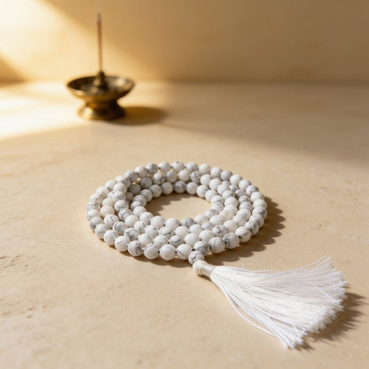 Natural White Howlite 8 mm japa mala necklace with 108 beads and tassel