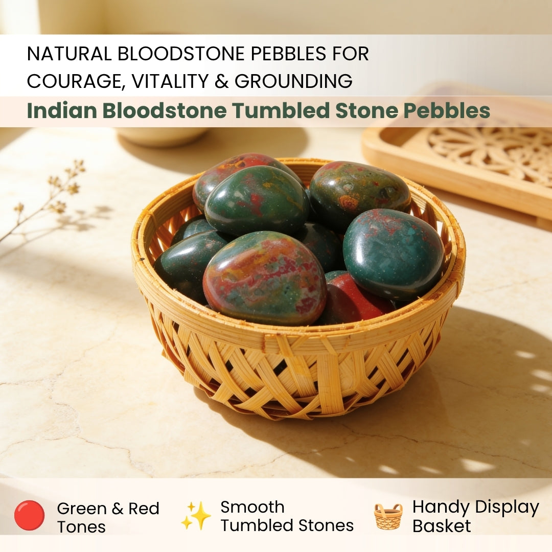 Detailed macro shot of genuine Indian Bloodstone tumbled pebbles showing deep forest green chalcedony with red hematite jasper flecks