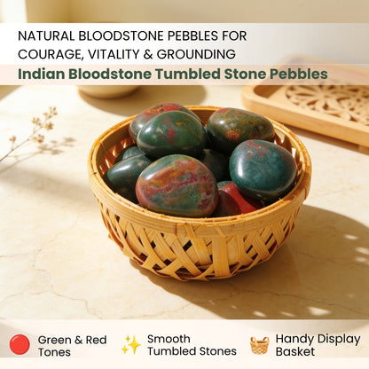 Detailed macro shot of genuine Indian Bloodstone tumbled pebbles showing deep forest green chalcedony with red hematite jasper flecks
