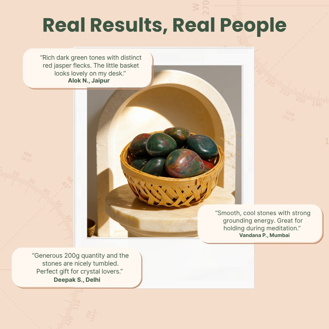 200g Indian Bloodstone tumbled stones nestled in custom pouch and wire basket inside a branded protective gift box