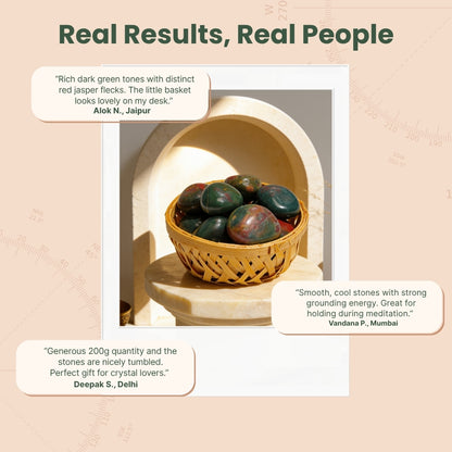 200g Indian Bloodstone tumbled stones nestled in custom pouch and wire basket inside a branded protective gift box