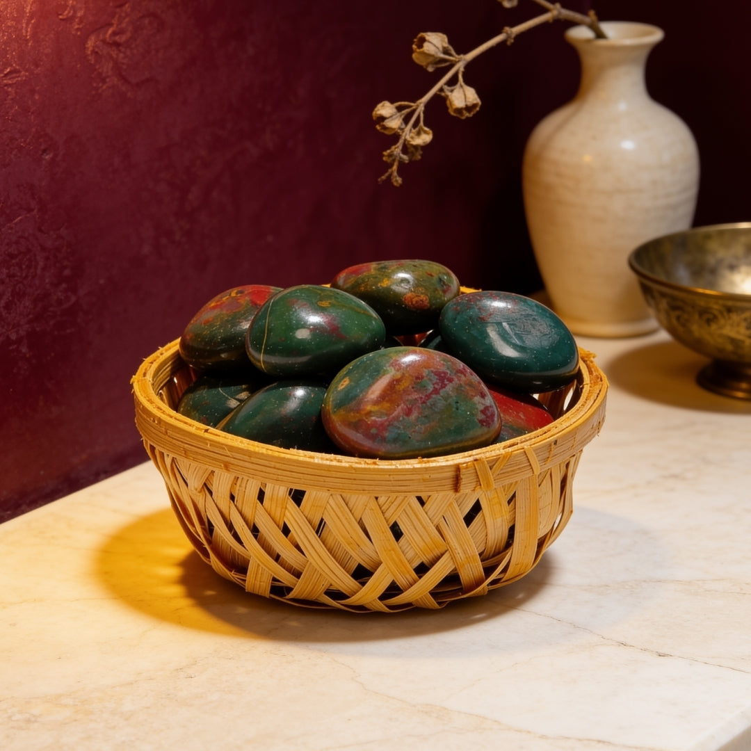 200 grams of polished natural Indian Bloodstone tumbled stones arranged in an open wire display basket for energy cleansing and Vastu