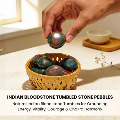 Indian Bloodstone basket positioned on a living room console table beside indoor plants and a salt lamp for continuous energetic purification