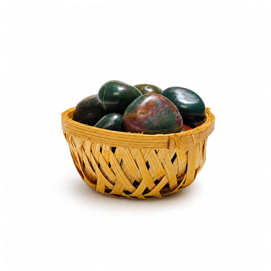 Natural Indian Bloodstone tumbled stone pebbles 200g displayed inside a mini decorative woven basket