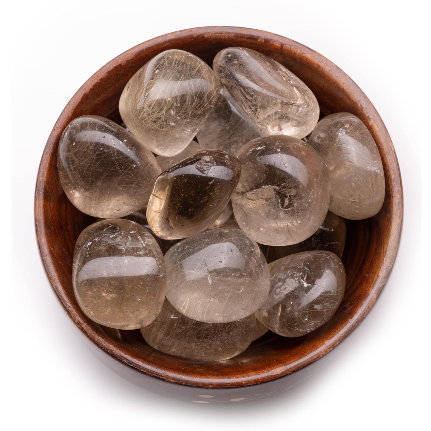 indian smokey quartz tumble pebble stone 300gm wooden bowl
