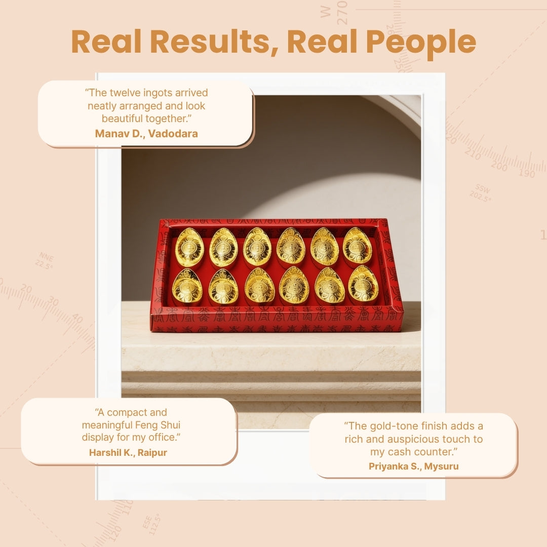 Set of 12 Feng Shui golden ingots packed securely in a presentation gift box