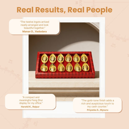 Set of 12 Feng Shui golden ingots packed securely in a presentation gift box
