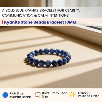 Close-up of large 10 mm Blue Kyanite beads showing distinct natural mineral striations and deep blue luster