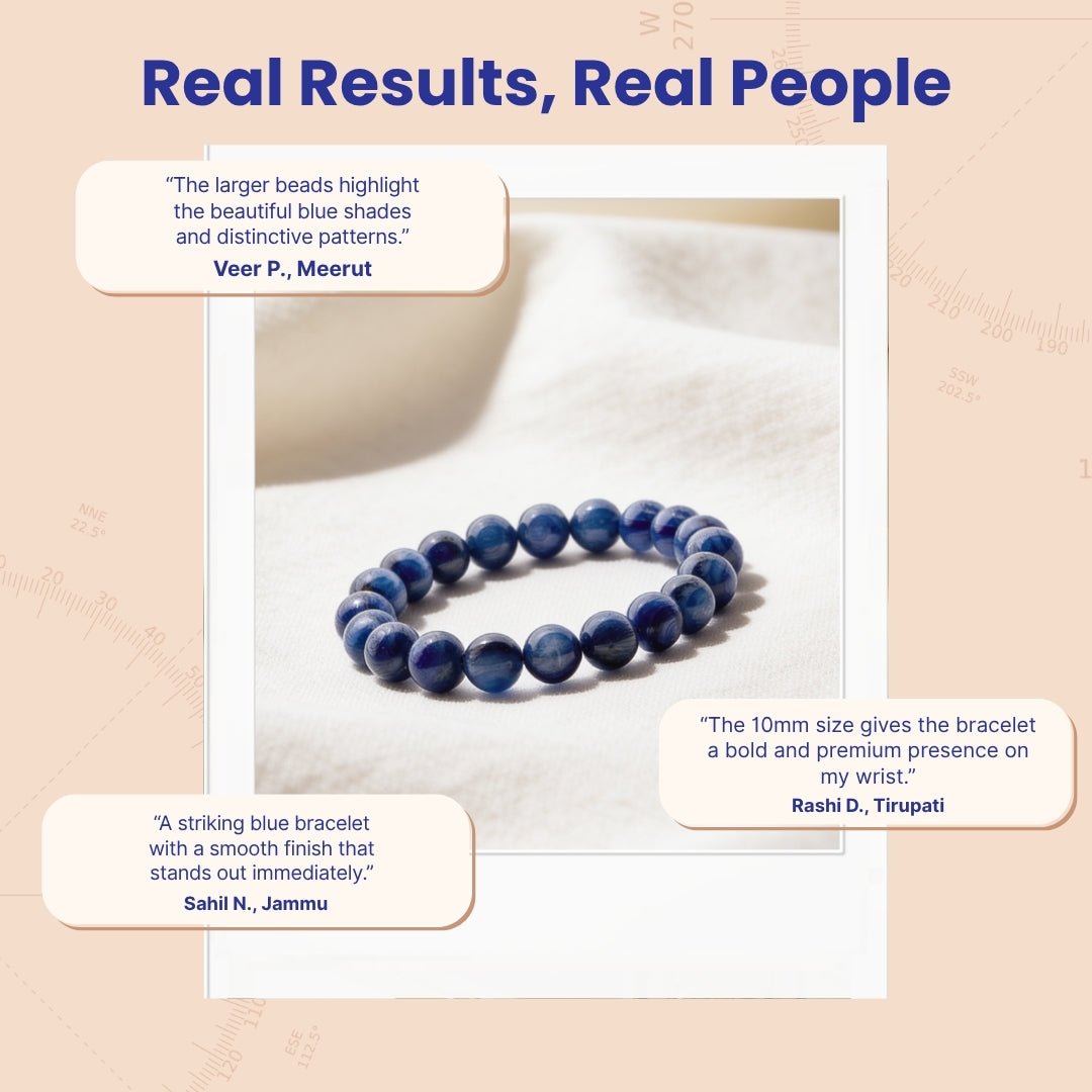 Large 10 mm Blue Kyanite healing bracelet displayed with protective storage pouch and presentation box