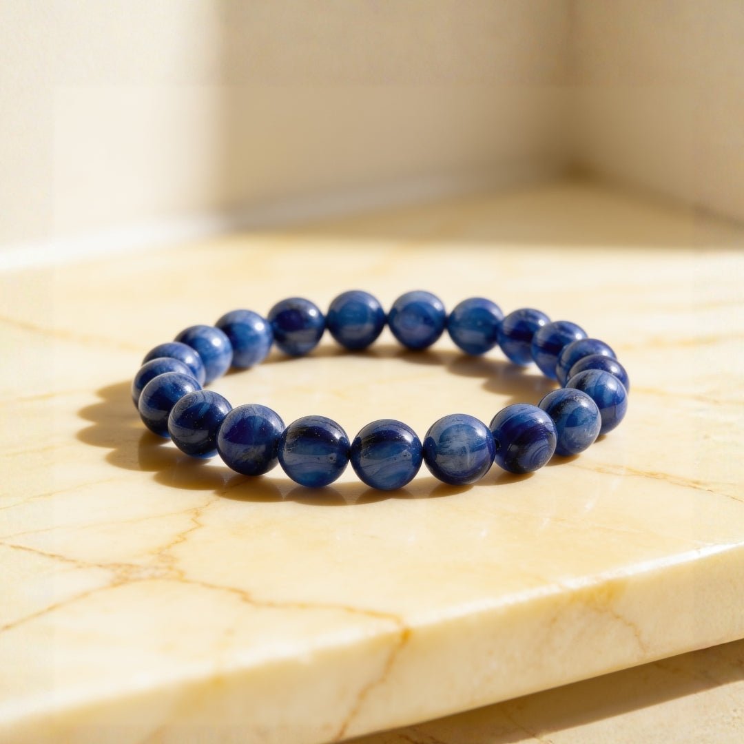 Natural Blue Kyanite 10 mm large round stone bead stretch bracelet