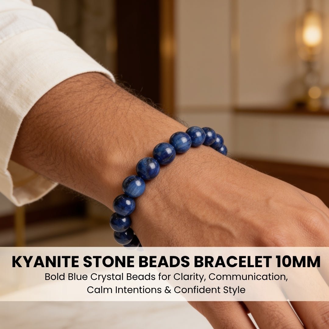 Substantial 10 mm Blue Kyanite bead bracelet worn on wrist for sizing reference and bold styling