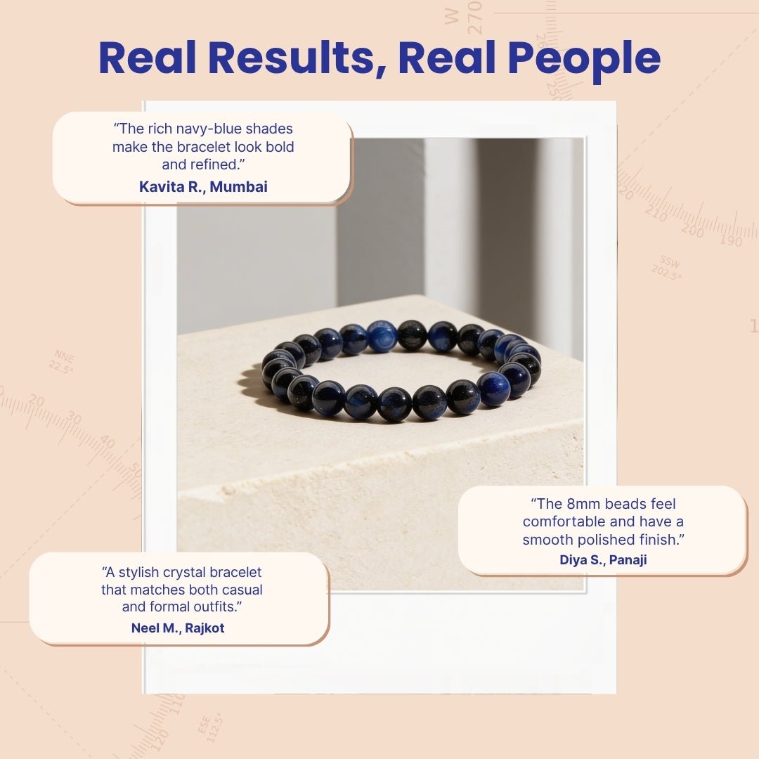 Blue Kyanite 8 mm gemstone bracelet presented with soft storage pouch and gemstone guide card