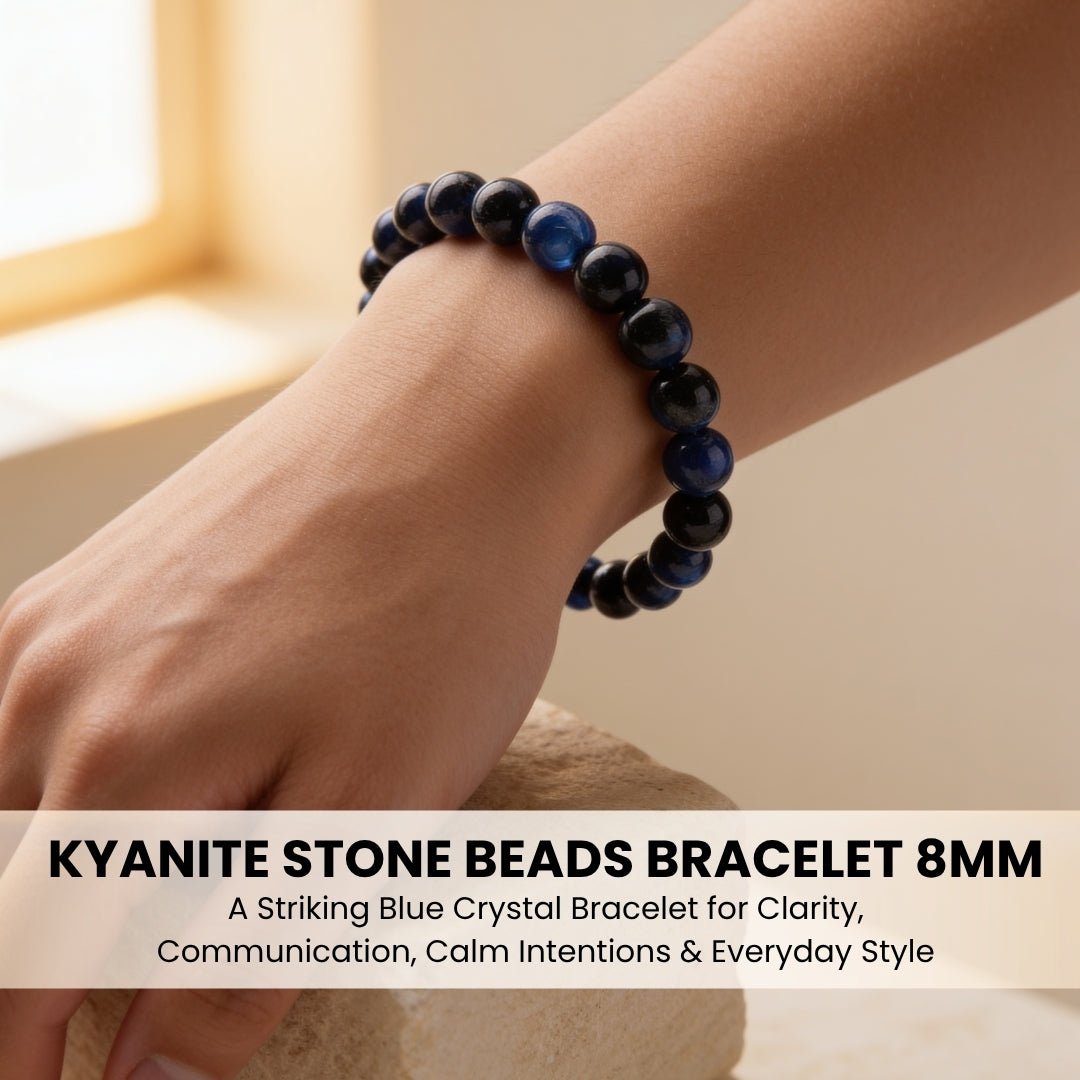 Polished 8 mm Blue Kyanite bead bracelet worn on wrist for sizing reference and stack styling