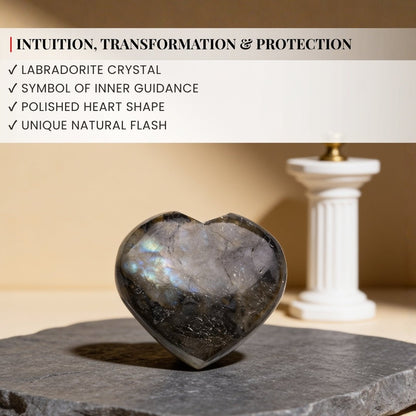 Dimension scale graphic displaying height, width, and thickness of Labradorite heart pocket stone