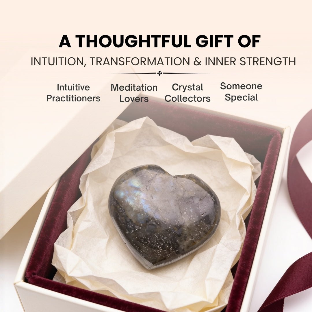 Deep grey matrix and natural mineral veins on the back of polished Labradorite heart stone
