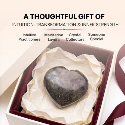 Deep grey matrix and natural mineral veins on the back of polished Labradorite heart stone