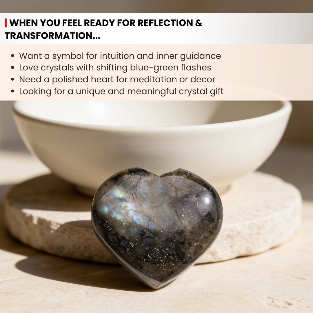 Smoothly contoured edges and thick puffy carving profile of natural Labradorite crystal heart