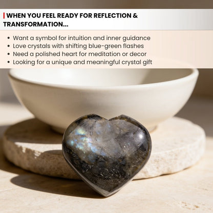 Smoothly contoured edges and thick puffy carving profile of natural Labradorite crystal heart