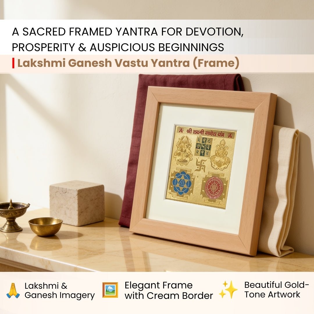 Detailed embossed imagery of Goddess Lakshmi and Lord Ganesha flanked by sacred Vastu geometric yantras