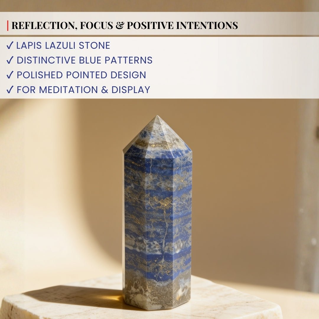 Smooth flat-cut base of Lapis Lazuli crystal wand allowing stable upright desktop display