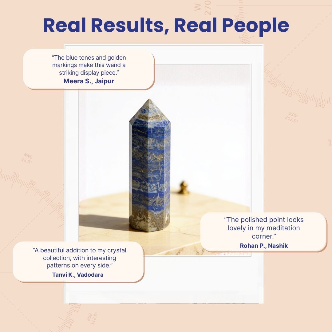 Polished Lapis Lazuli crystal wand presented in a padded storage box with gemstone info card