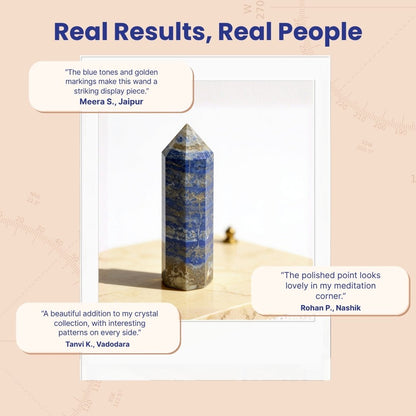 Polished Lapis Lazuli crystal wand presented in a padded storage box with gemstone info card
