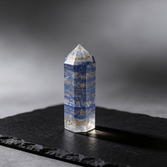 Natural Lapis Lazuli polished crystal healing wand with faceted point and flat standing base