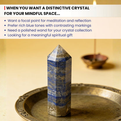 Precision-cut 6-faceted pointed tip of Lapis Lazuli crystal tower wand for focused energy direction
