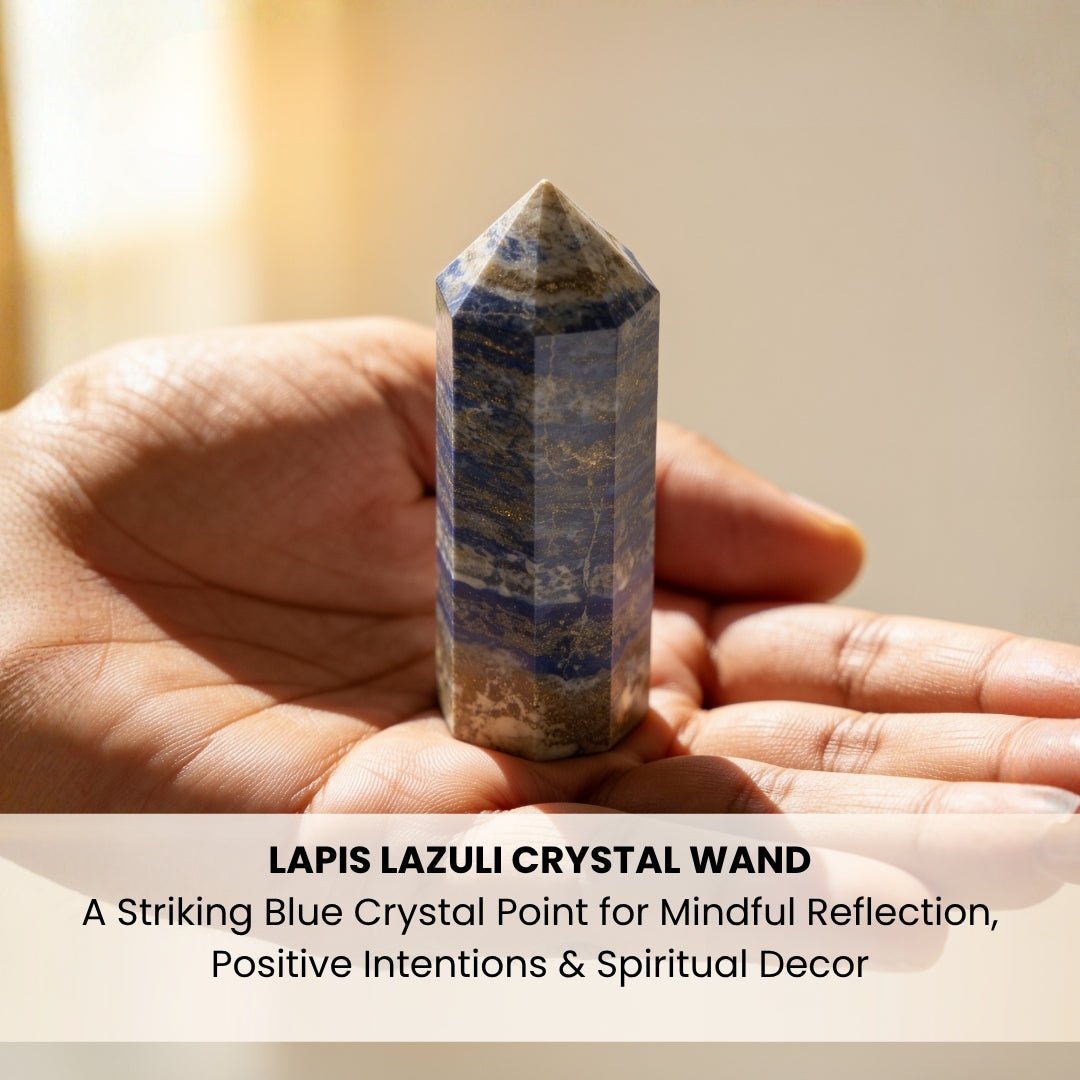 Height and base width measurement graphic for natural Lapis Lazuli crystal point wand
