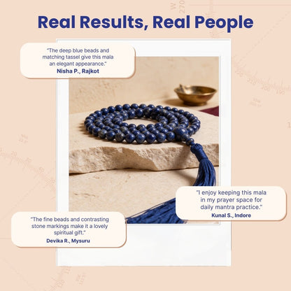 Overhead spiral arrangement of 108 Lapis Lazuli beads beside a protective drawstring storage pouch