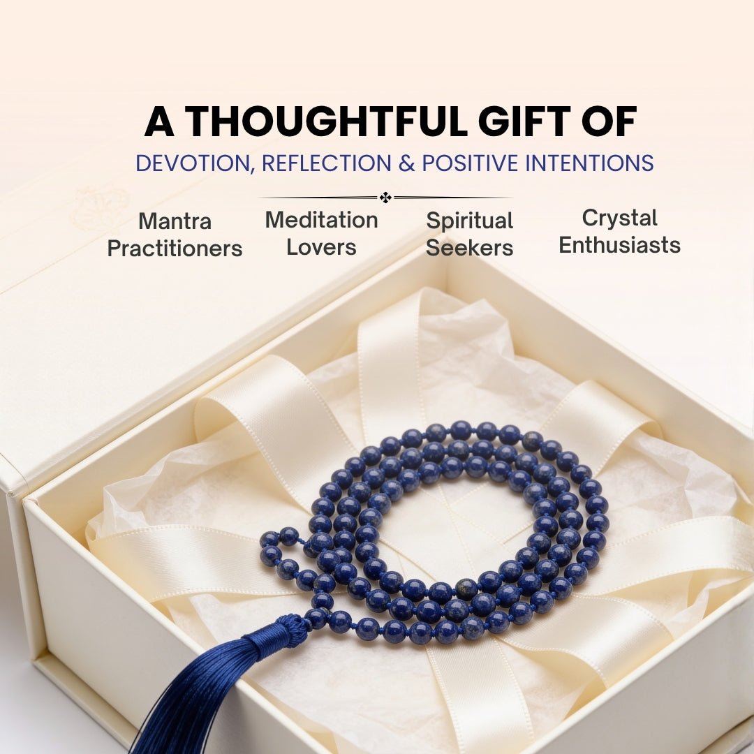 6 mm Lapis Lazuli mala held in fingers during Third Eye mantra chanting and meditation