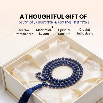 6 mm Lapis Lazuli mala held in fingers during Third Eye mantra chanting and meditation