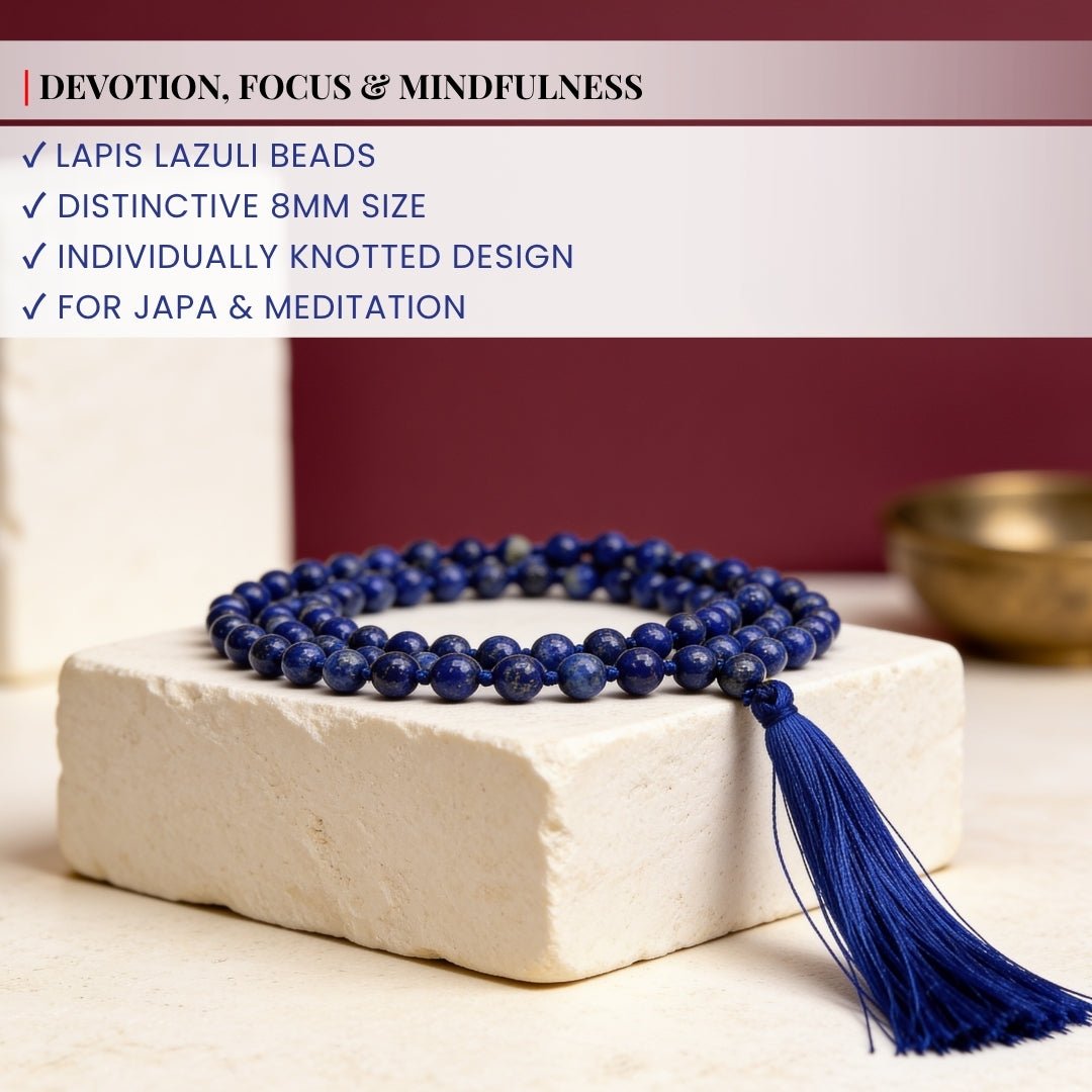 Traditional durable hand-knotted thread construction between standard 8 mm Lapis Lazuli beads