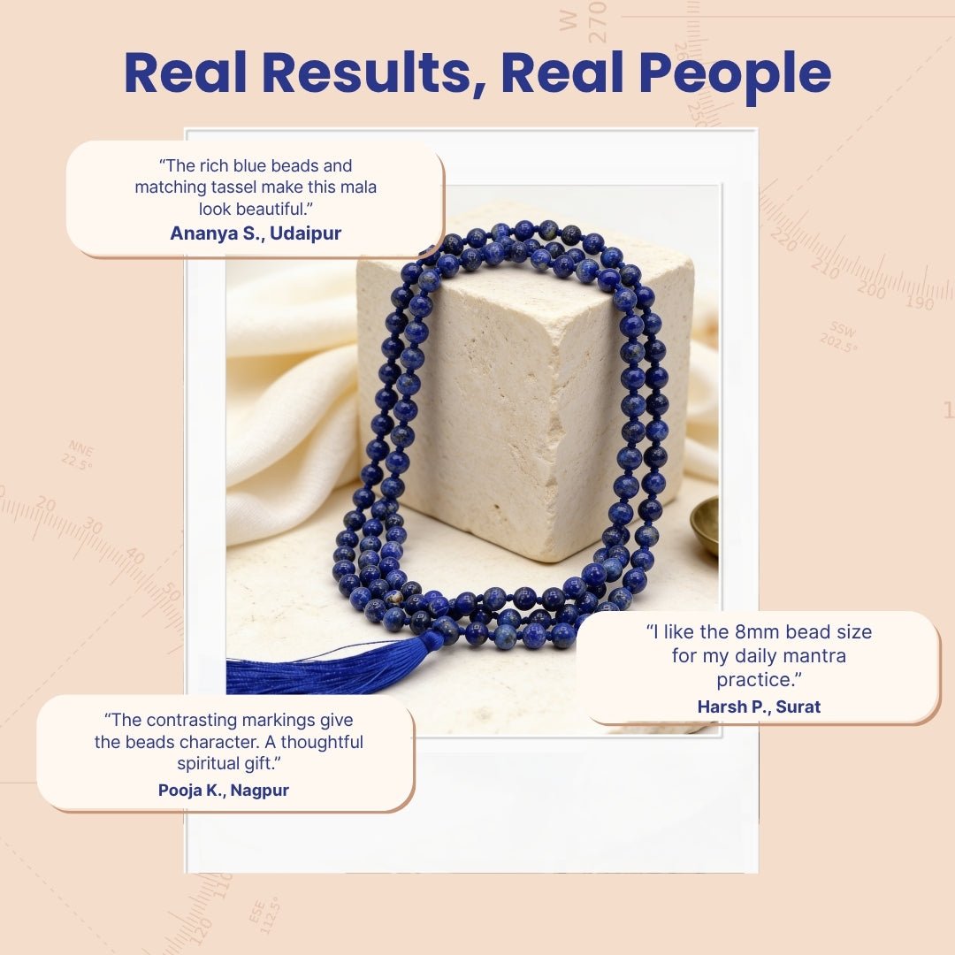 Overhead spiral arrangement of 108 Lapis Lazuli 8 mm beads beside a protective storage pouch