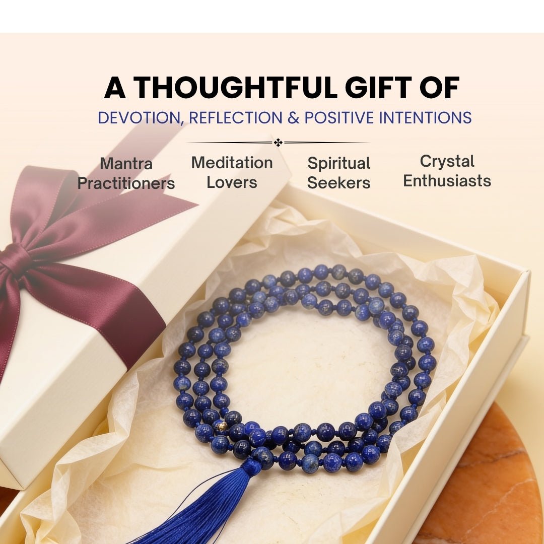 8 mm Lapis Lazuli mala held in fingers during Third Eye and Throat Chakra mantra chanting