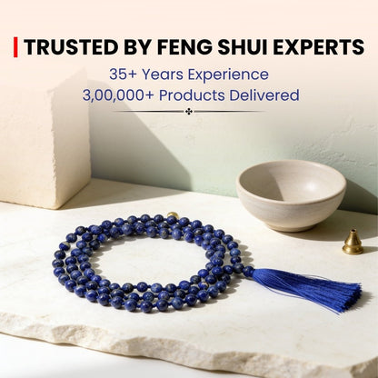 108 bead Lapis Lazuli 8 mm necklace draped on chest showing standard length and bead drape