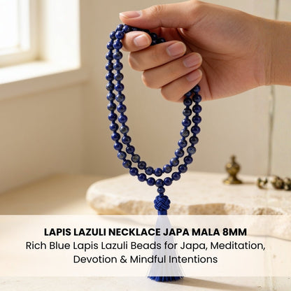 Carved Lapis Lazuli guru bead and matching deep blue silky tassel finish on meditation mala
