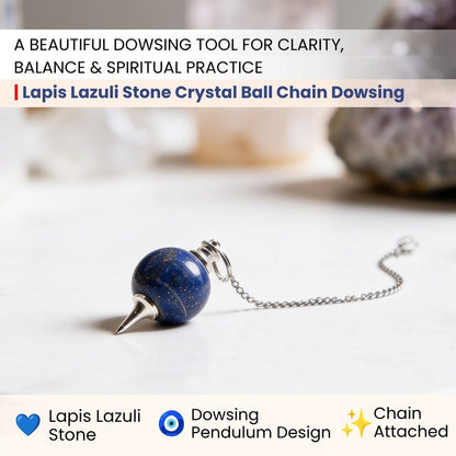Lapis Lazuli Stone Crystal Ball Chain Dowsing Pendulum for Reiki, Chakra, Healing, Meditation (4 Charts, Jute Bag) - plusvalueindia